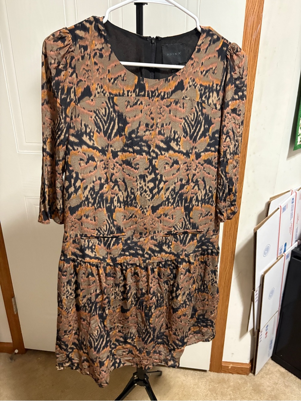 Aryn K Black and Tan Printed Drop-Waist Midi Dress